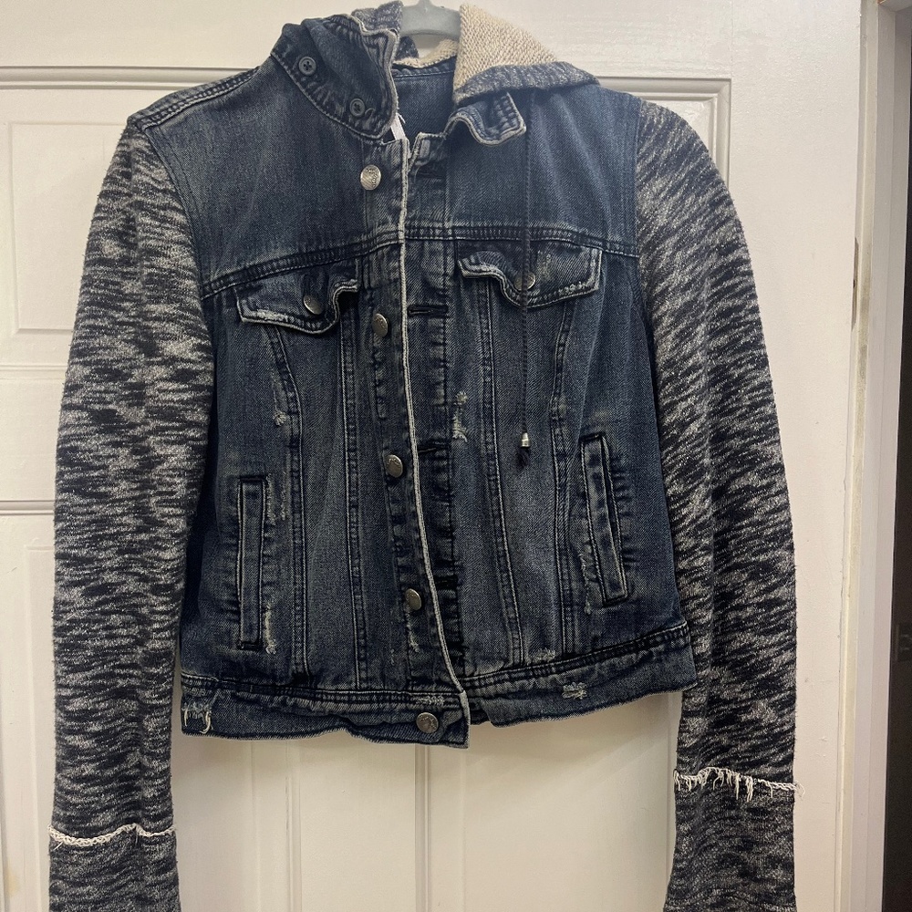 FREE PEOPLE NWT Denim Knit Hoodie Denim Jacket in BLACK Wash // S